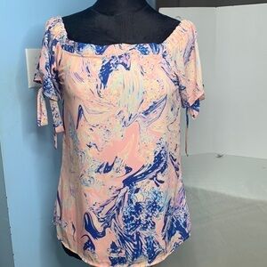 Mary & Mabel Off-the-Shoulder Tie Sleeve Pink Blue Marbled Blouse Top